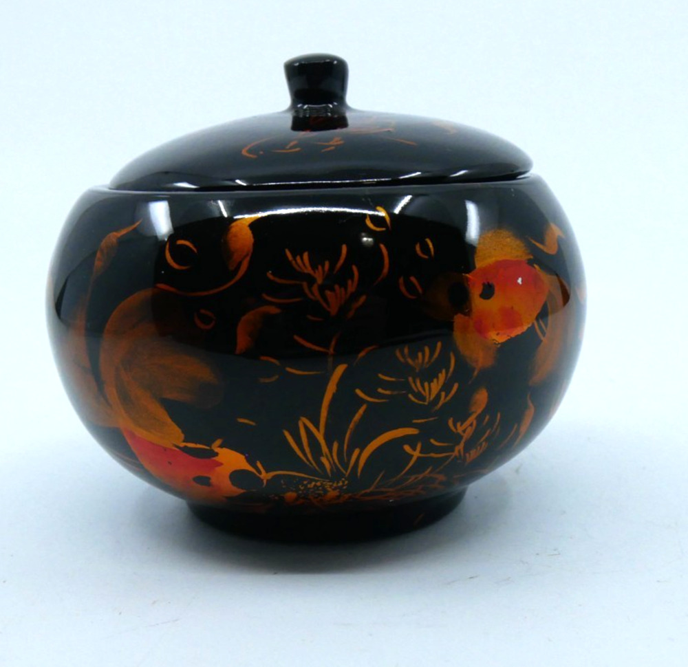 Round Lidded Lacquer Trinket Box Fancy Goldfish Hand Painted Designs Black Gloss